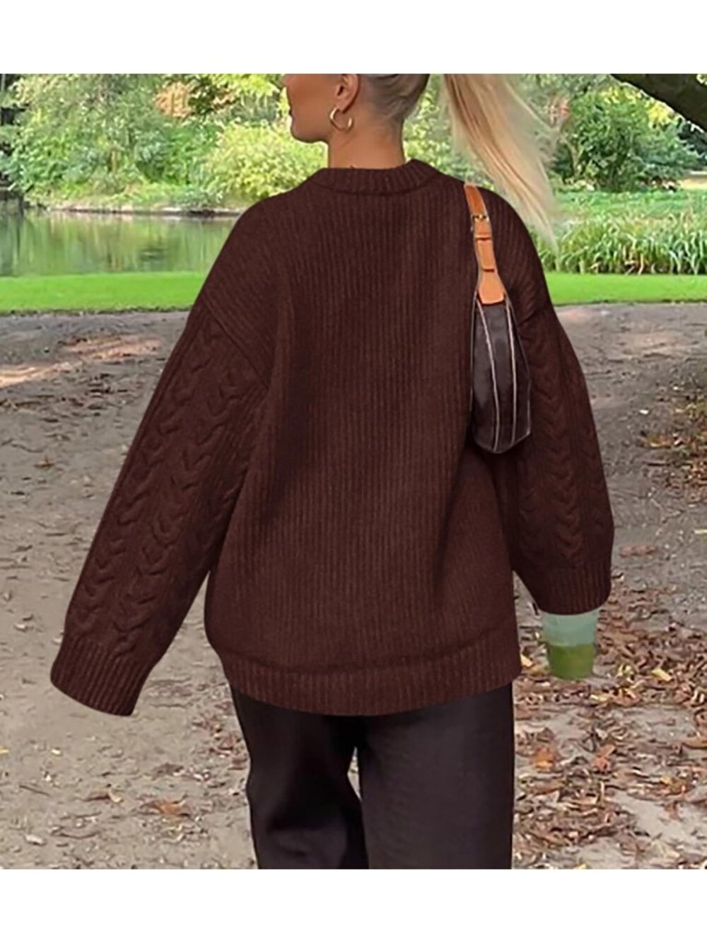 Women's Coffee Cozy Soft Chunky Textured Knit Crewneck Oversized Fashion Sweater - Picture 3 of 6